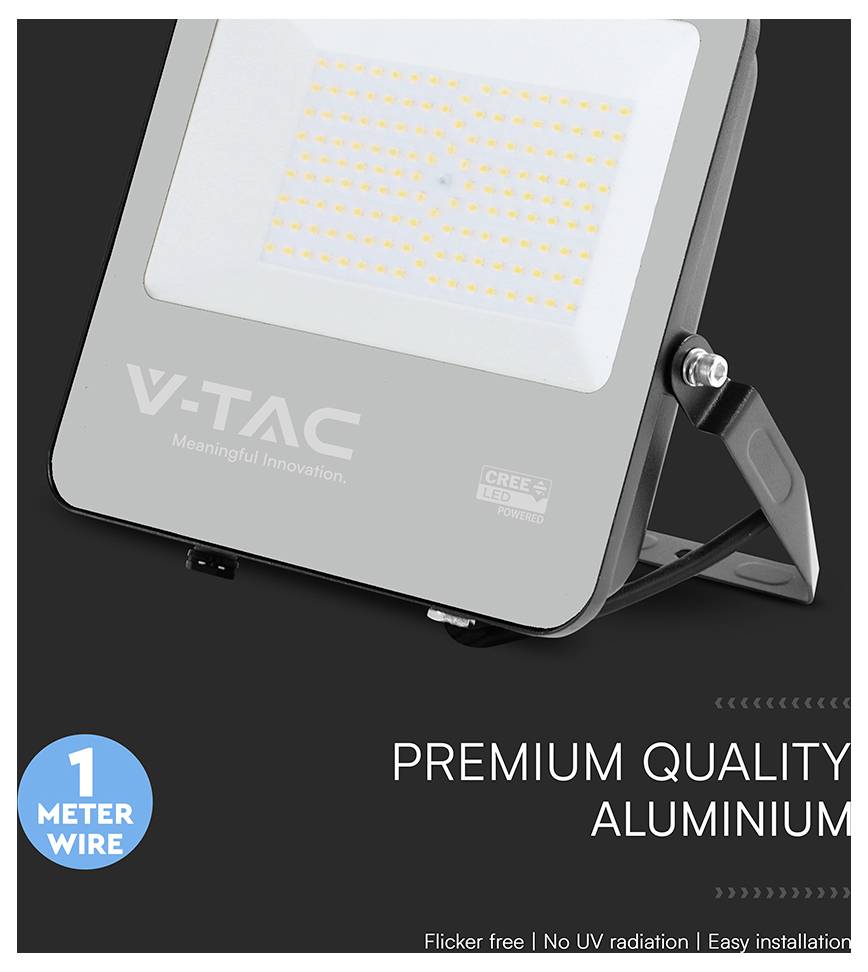 V-TAC LED-Flutlicht aus Aluminium, mit der Aufschrift "Sinnvolle Innovation". Inklusive "1 Meter Kabel". Merkmale: Flimmerfrei, keine UV-Strahlung, einfache Installation.