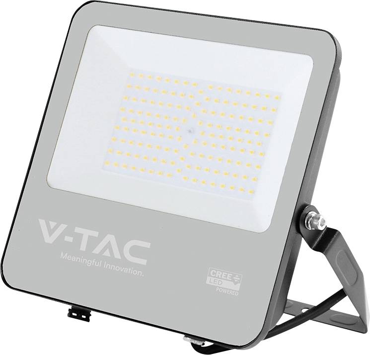 LED-Flutlichtstrahler mit "V-TAC Meaningful Innovation"-Logo, angetrieben durch Cree LED, mit rechteckigem Design und verstellbarem Winkelstativ.