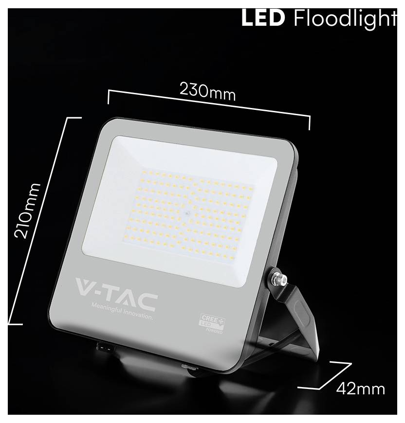 LED-Flutlicht mit Abmessungen: 230 mm Breite, 210 mm Höhe, 42 mm Tiefe. Marke „V-TAC" auf dem Gehäuse sichtbar, gekennzeichnet als energieeffizient.