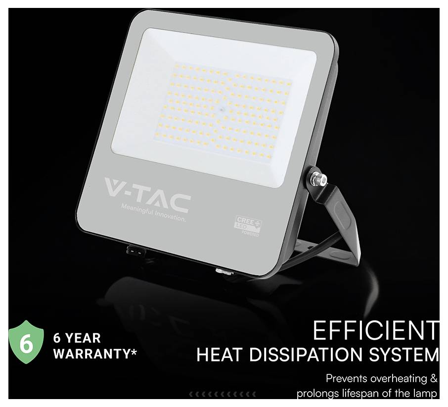 V-TAC LED-Flutlichter mit "6 Jahre Garantie"-Etikett. Hebt das effiziente Wärmeverteiltungssystem hervor, um Überhitzung zu vermeiden und die Lebensdauer der Lampe zu verlängern.