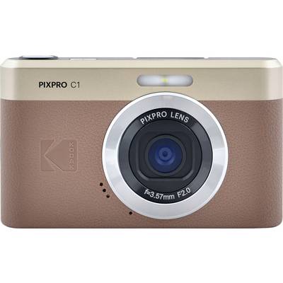 Eine kompakte Digitalkamera mit einer braunen, lederähnlichen Vorderseite und einem großen runden Objektiv mit der Aufschrift "PIXPRO LENS F3.57mm F2.0", gekennzeichnet als "PIXPRO C1".