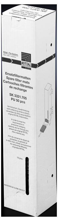 Eine weiße rechteckige Box, aufrecht stehend, mit der Beschriftung "Rittal", die 50 Stück Ersatz-Filtermatte in mehreren Sprachen enthält.