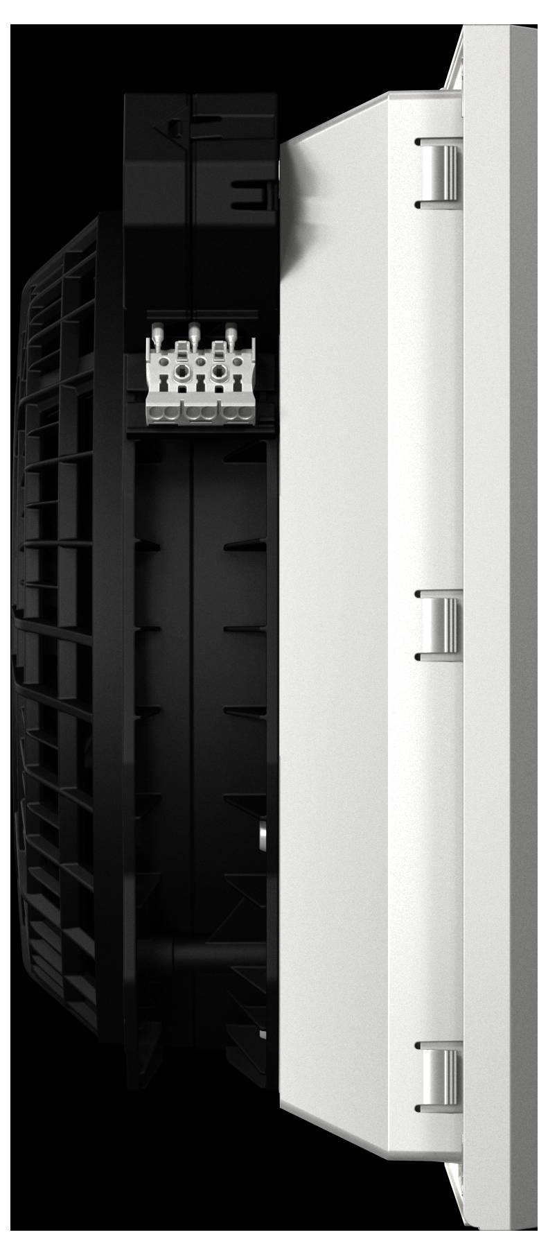 Seitenansicht einer kreisförmigen schwarzen LED-Leuchte mit weißem Montagefuß, die elektrische Anschlüsse und Details des Scharniergelenks zeigt.