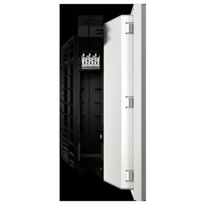 Seitenansicht einer industriellen Leuchte, die ihre Struktur zeigt, mit einem weißen Panel auf einer Seite und sichtbaren Anschlussklemmem im schwarzen Bereich.
