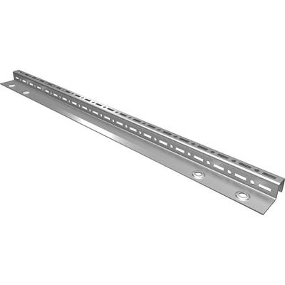 Eine metallische gelochte Winkellasche mit mehreren Löchern und zwei größeren Löchern an der Basis, wahrscheinlich zur strukturellen Unterstützung oder Befestigung verwendet.