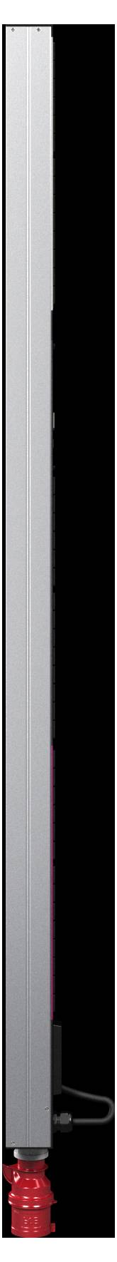 Ein vertikaler Staubsauger mit schlankem, silber-schwarzem Design, der aufrecht auf einer ebenen Fläche steht.