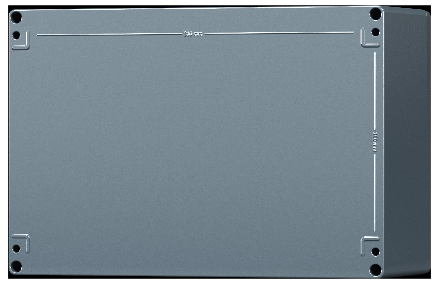 Eine graue Metallgehäusebox mit einer flachen Vorderseite, vier Schraublöchern an den Ecken und Maßangaben auf ihren Seiten.