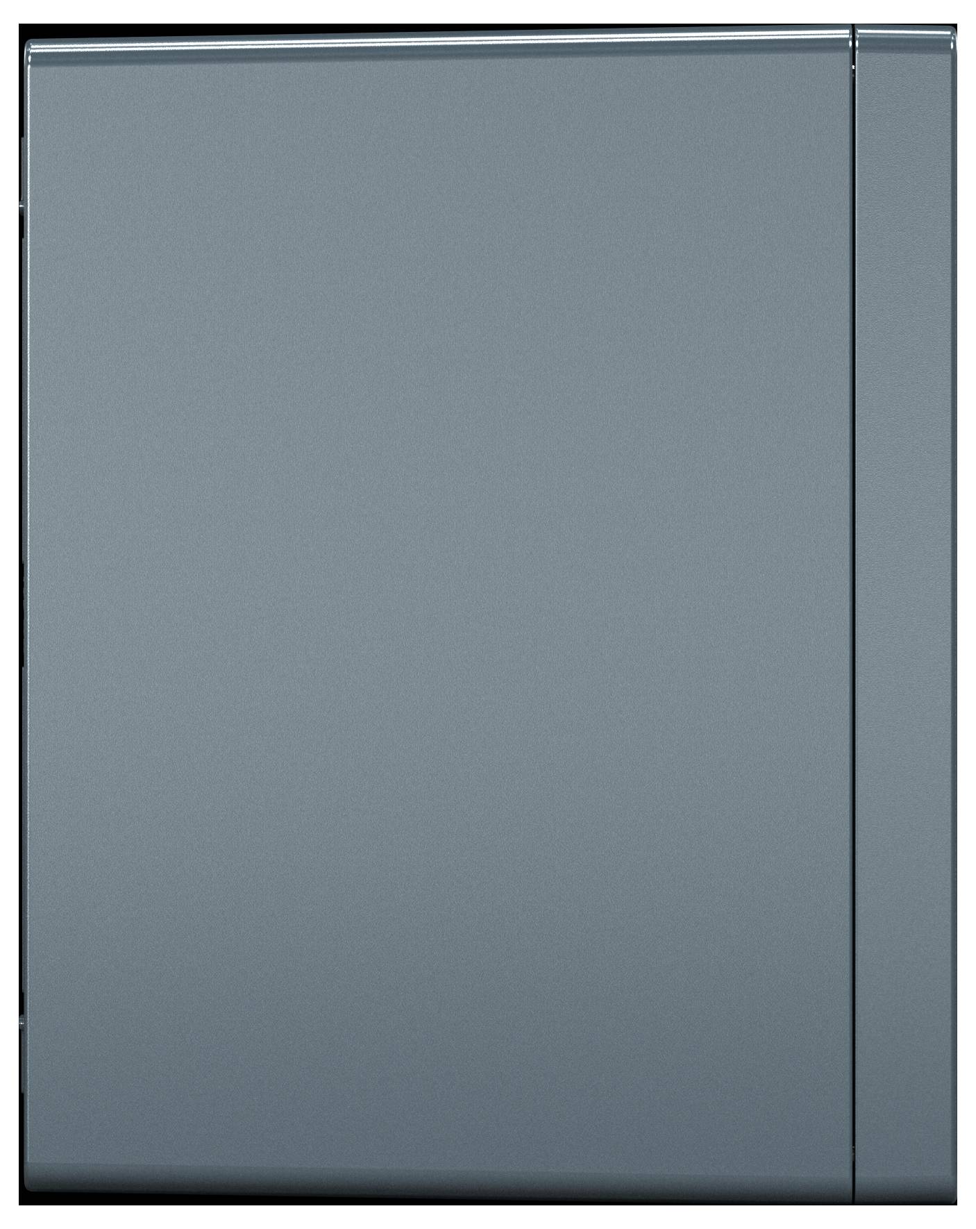 Ein schlankes, modernes, vertikales Metallpanel mit einer glänzenden, reflektierenden Oberfläche in einer gedämpften Blaufarbe. Es scheint Teil eines zeitgenössischen Geräts oder Möbelstücks zu sein.