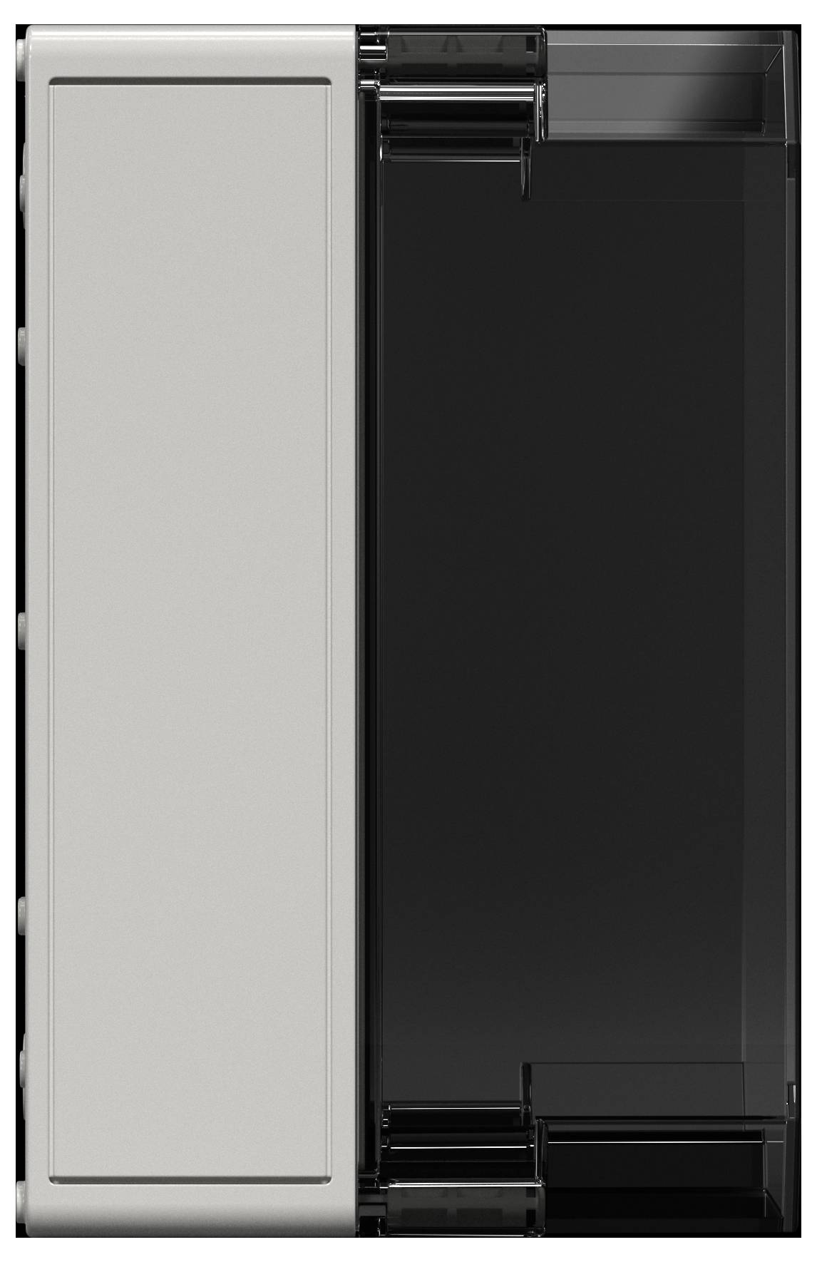 Ein rechteckiger, doppelseitiger Wandschalter mit einem hellgrauen linken Panel und einem dunklen, durchscheinenden rechten Panel.