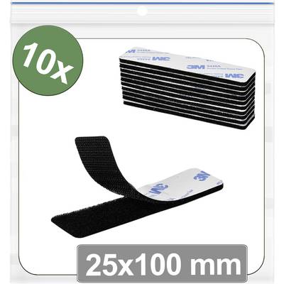 '10x 3M Klettstreifen, 25x100 mm, schwarz.' Ein Bild, das zehn schwarze 3M Klettstreifen gestapelt mit einem geöffneten darstellt, was Größe und Menge anzeigt.