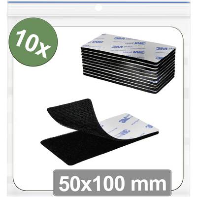 Packung mit 10 rechteckigen Klebepads, 50x100 mm, mit schwarzem Klettband-Rücken, gestapelt und einzeln dargestellt.