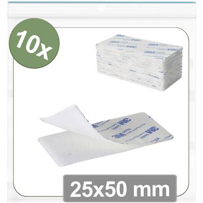 '10x 25x50 mm' Klebepads im Paket; Nahaufnahme zeigt einen Pad, der abgezogen wird und die Klebseite freilegt.