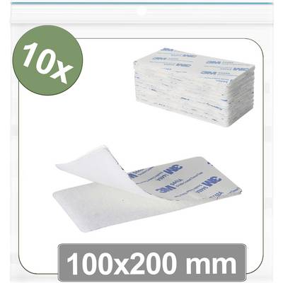 Packung mit 10 Haftpads, die 100x200 mm messen, gestapelt dargestellt, wobei ein Pad teilweise abgezogen ist, um die Klebseite zu zeigen.