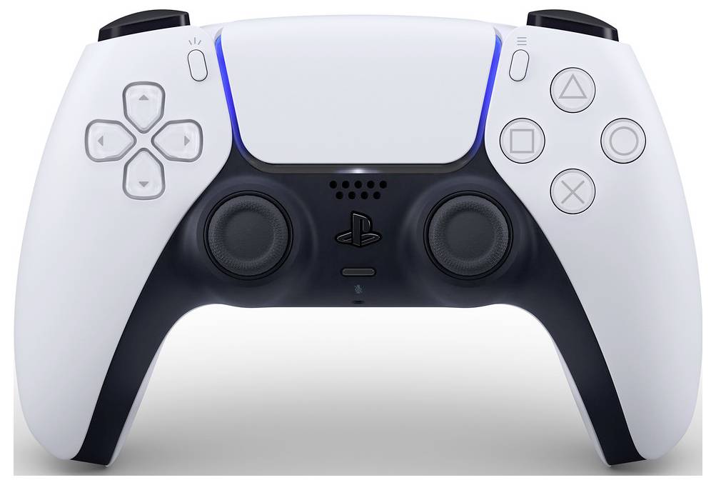 Ein weißer Gamecontroller mit schwarzen Griffen, ausgestattet mit zwei Analog-Sticks, Kreuzpad und Standard-Aktionstasten.