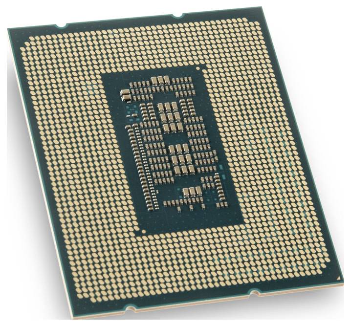 Das Bild zeigt die Rückansicht eines Computerprozessors mit einem Raster aus Goldstiften, die für den Einbau in einen kompatiblen Motherboard-Sockel konzipiert sind.