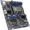 Eine Computermotherboard, die verschiedene Komponenten zeigt, einschließlich eines CPU-Sockels, RAM-Steckplätze, Anschlüsse und Erweiterungssteckplätze auf einer schwarzen Leiterplatte.