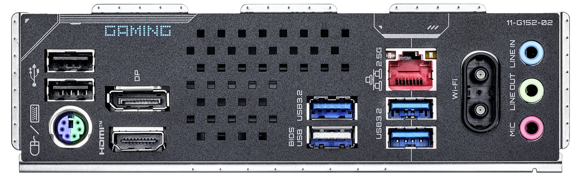 Das Bild zeigt das hintere I/O-Panel einer Gaming-Motherboard mit verschiedenen Anschlüssen: USB, Ethernet, HDMI, Audioausgänge und PS/2-Anschluss.