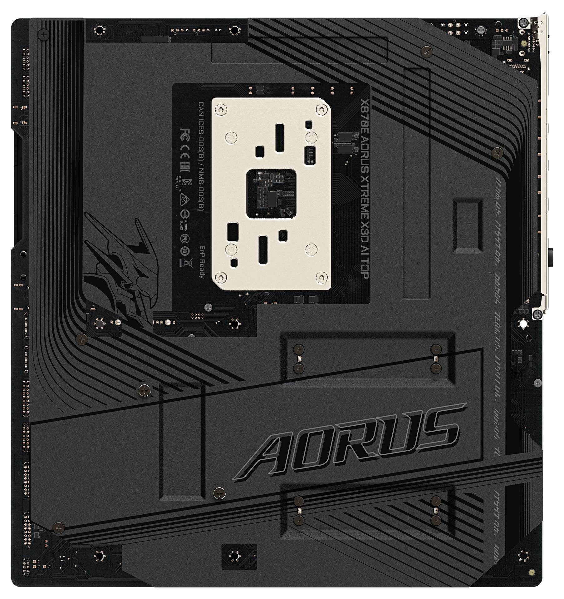 "AORUS Motherboard-Rückseite mit PCIe-Steckplätzen und Schaltkreis-Details. Der Text liest: "AORUS XTREME" und "AORUS.""