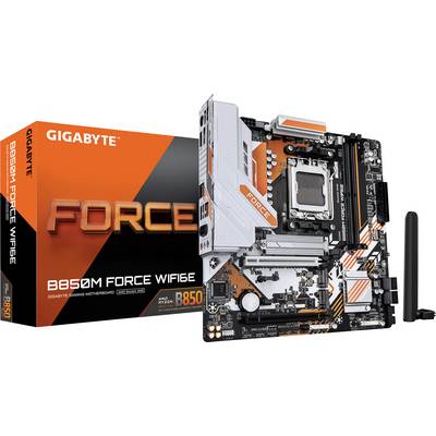 GIGABYTE B650M FORCE WIFI6E Mainboard gezeigt mit seiner Verpackung. Merkmale umfassen WiFi 6E-Konnektivität und Unterstützung für Ryzen-Prozessoren.