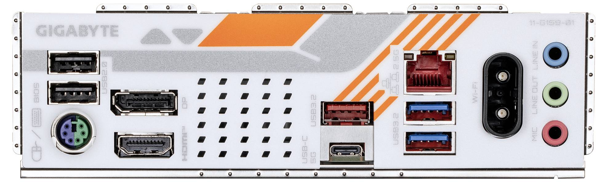 Das Bild zeigt die Rückseite eines Gigabyte-Mainboards mit verschiedenen Anschlüssen für USB, HDMI, Ethernet und Audioverbindungen.