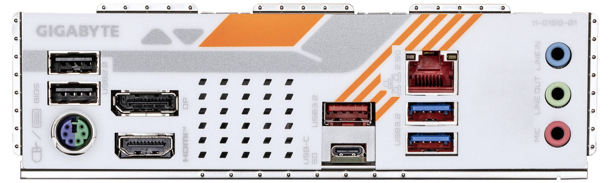 Rückseite eines Gigabyte-Mainboards mit USB-Anschlüssen, HDMI, DisplayPort, Ethernet, Audioausgängen und anderen Konnektivitätsoptionen.