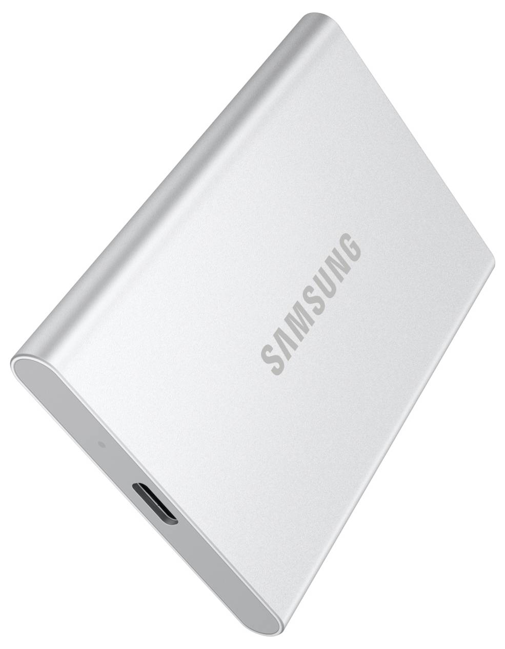 Eine schlanke, silberne, rechteckige externe Festplatte mit 'Samsung' Branding und einem sichtbaren USB-C-Anschluss, leicht nach oben geneigt.