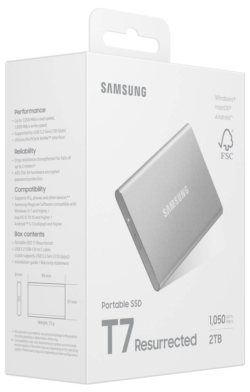 Samsung Portable SSD T7 Box zeigt Produktabbildung, '2TB' Speicher, '1050 MB/s' Geschwindigkeit und Kompatibilität mit Windows, macOS, Android.