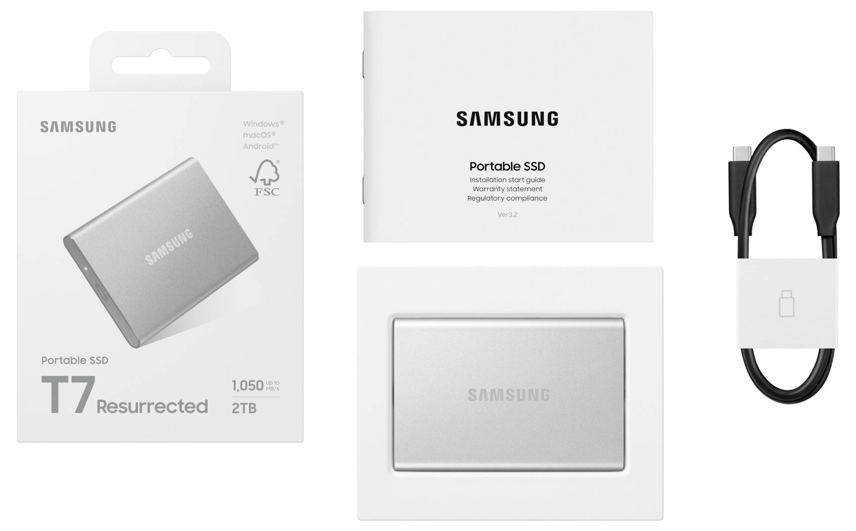 Samsung Portable SSD T7 wiederbelebt, 2TB, mit Verpackung, Bedienungsanleitung und USB-Kabel gezeigt.