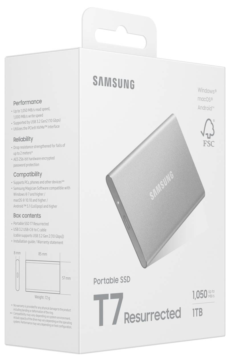 Karton des Samsung Portable SSD T7 Resurrected, 1TB, zeigt Eigenschaften wie 1.050 MB/s Geschwindigkeit, Kompatibilität mit Windows, macOS, Android.