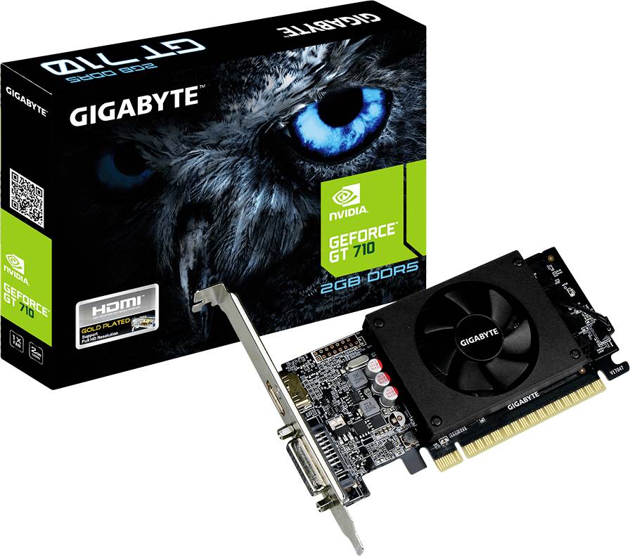 Eine Gigabyte Nvidia GeForce GT 710 Grafikkarte mit einem Lüfter. Die Verpackung zeigt ein Augendesign und hebt Merkmale wie 2GB DDR5 und HDMI hervor.