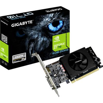Eine Gigabyte Nvidia GeForce GT 710 Grafikkarte mit einem Lüfter. Die Verpackung zeigt ein Augendesign und hebt Merkmale wie 2GB DDR5 und HDMI hervor.