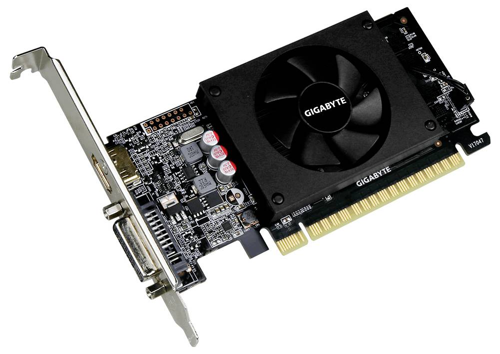 Eine Grafikkarte von Gigabyte mit einem schwarzen Kühlventilator und einem metallenen PCIe-Anschluss, ausgestattet mit mehreren Kondensatoren und einem DVI-Anschluss am Steckplatzhalter.