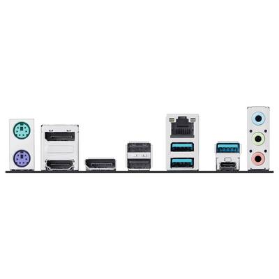 Eine Computer-Motherboard-E/A-Tafel, die verschiedene Anschlüsse zeigt: PS/2, HDMI, DisplayPort, USB, Ethernet, USB-C und Audioports.