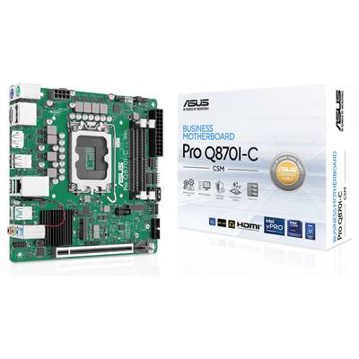 ASUS Pro Q870M-C CSM Business-Motherboard, zusammen mit seiner Verpackung präsentiert, mit Intel vPro-Unterstützung und umfangreichen Konnektivitätsoptionen.