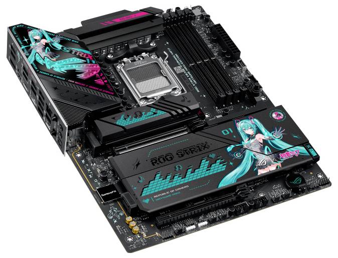 Eine individuelle Computerplatine mit Anime-inspirierter Kunstwerken und Logos, die leuchtende Farben und grafische Designs präsentiert.