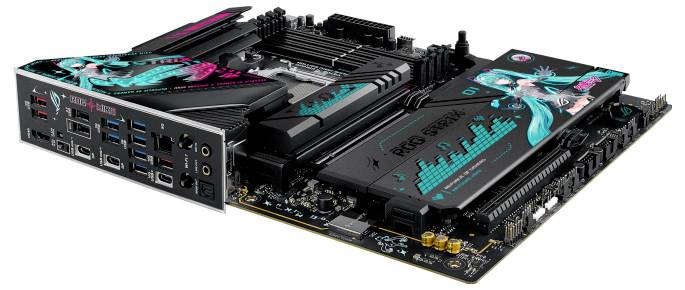 Ein Gaming-Mainboard mit einem Anime-Design, das Charaktere auf den Kühlkörpern zeigt. Verschiedene Anschlüsse und Steckplätze sind sichtbar.