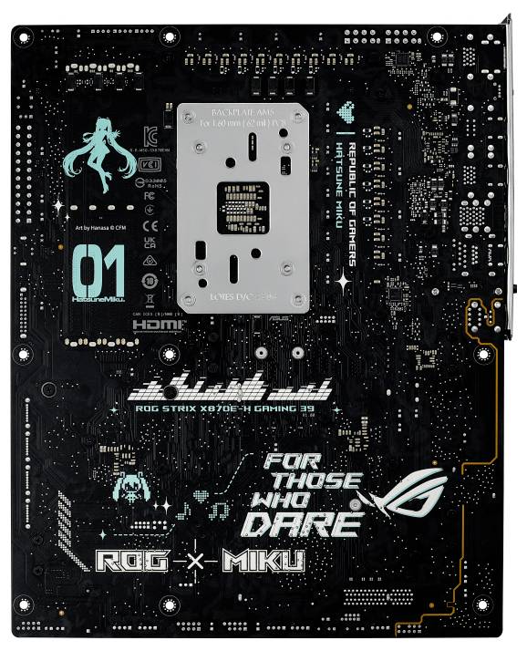 Eine Gaming-Motherboard mit einem 'ROG x MIKU' Design verfügt über eine blaue Charaktergrafik und den prominent platzierten Schriftzug 'FÜR DIEJENIGEN, DIE ES WAGEN'.