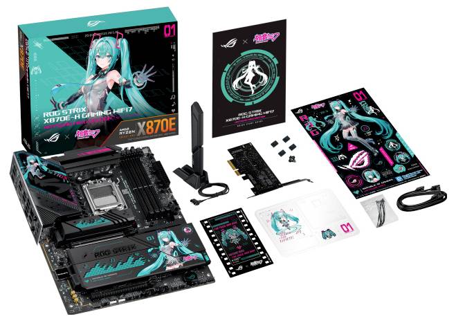 Computer-Hardware-Paket mit einer Mainboard, verschiedenen Zubehörteilen und Verpackung mit Anime-Stil-Charakterzeichnung.