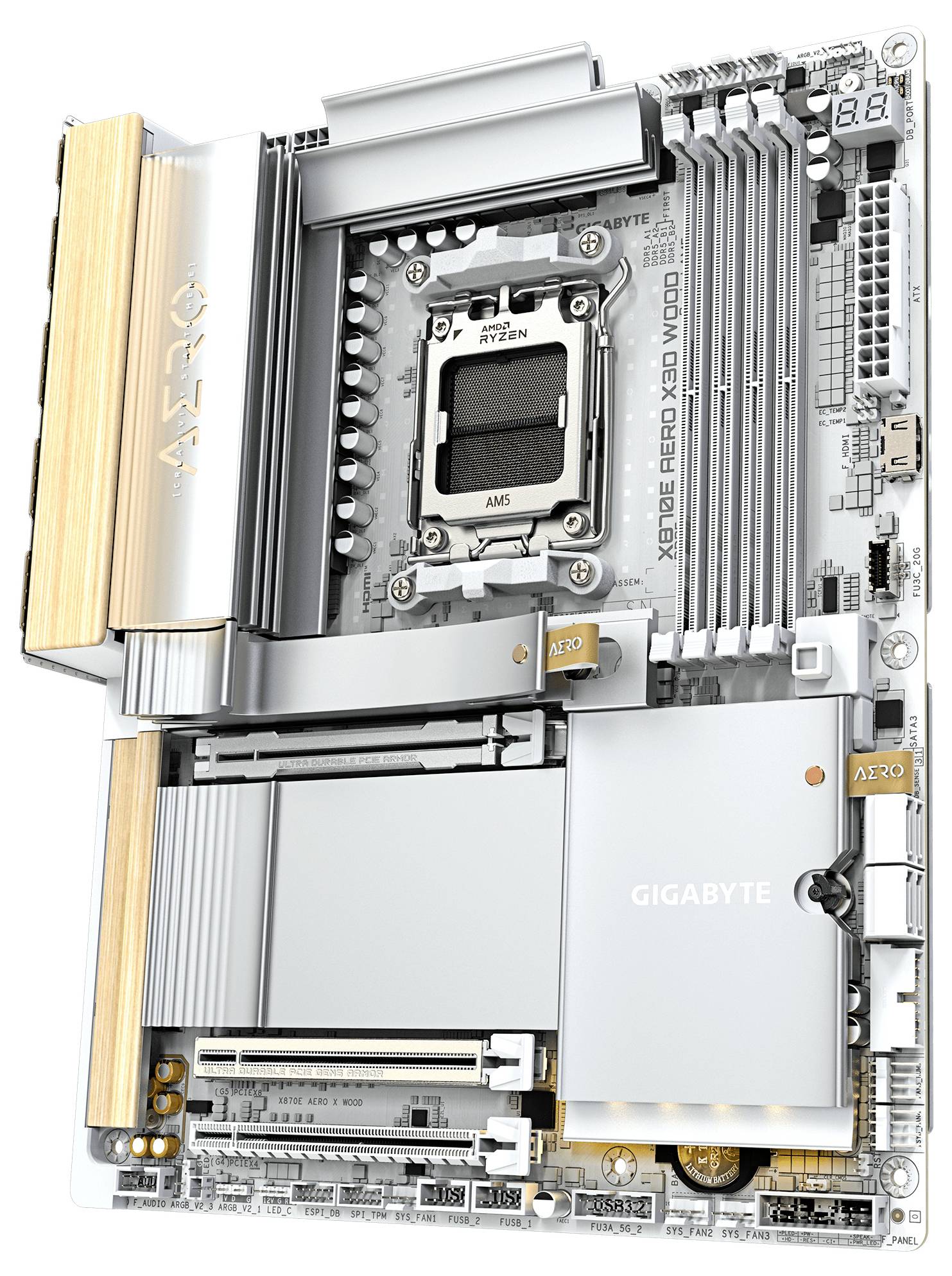 Eine silberne und graue Computerplatine mit mehreren Steckplätzen und Anschlüssen, beschriftet mit 'AERO' und 'GIGABYTE'. Der Sockel befindet sich zentral.