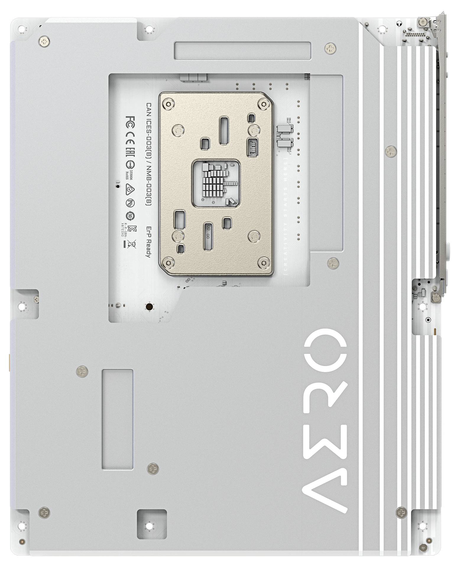 Eine Computermotheplatine mit minimalistischem Design, die Aussparungen für Komponenten aufweist und unten rechts mit 'ASRO' beschriftet ist.