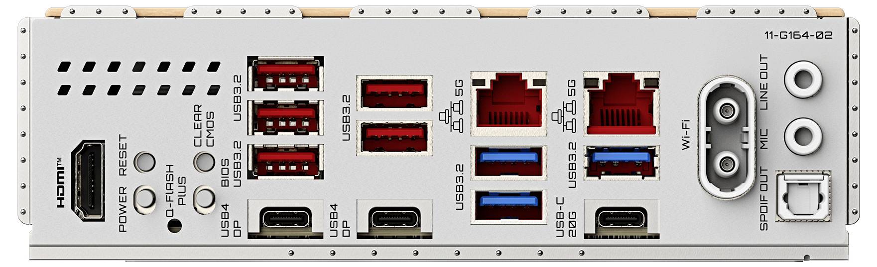 Rückseite eines ComputerMainboards mit mehreren USB-Anschlüssen, HDMI, Ethernet-Ports und Beschriftungen 'HDMI', 'Stromversorgung', 'USB 3.2' und 'WLAN'.
