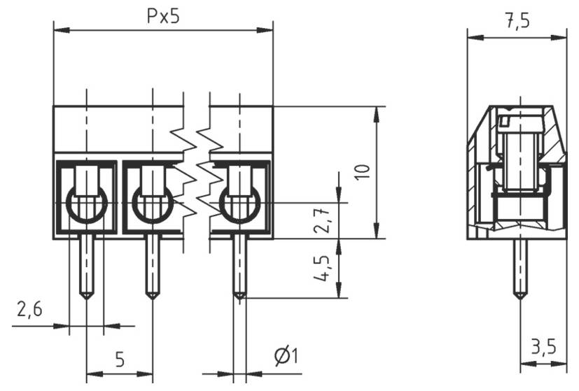'Diagramm eines 3-poligen Elektrosteckers mit detaillierten Maßen: Breite 10 mm, Anschlussabstand Px5 und Höhe 7,5 mm.'