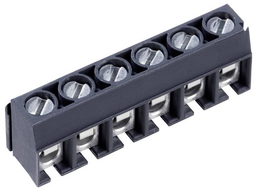 „Ein Klemmleistenblock mit sechs Schraubklemmen in einer Reihe, verwendet zum Verbinden von Drähten in elektronischen Schaltkreisen."