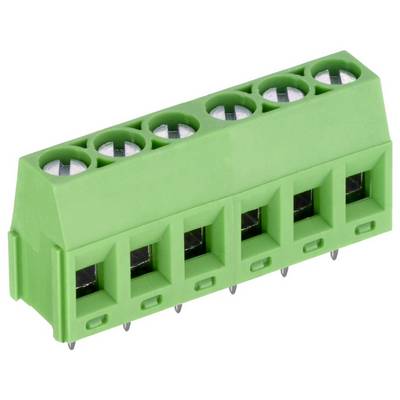 Ein grüner, abgewinkelter 5-poliger Terminalblock mit Schraubanschlüssen zum Befestigen von Drähten in elektronischen Schaltkreisen, von oben-vorne betrachtet.