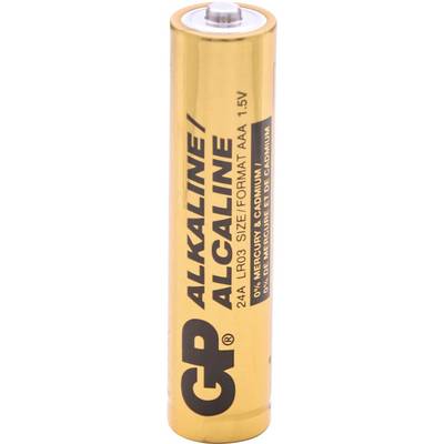 Eine Goldene AAA-Alkalibatterie mit der Aufschrift 'GP ALKALINE 24A LR03 GRÖSSE FORMAT AAA 1,5V' mit Sicherheitsinformationen zu Quecksilber und Cadmium.