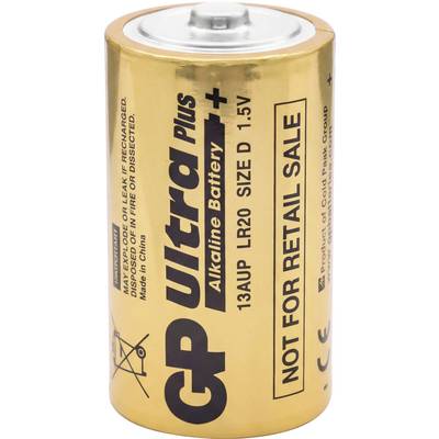 Eine goldfarbene GP Ultra Plus Alkali-Batterie, Größe D, 1,5 Volt, mit der Beschriftung "NICHT FÜR DEN EINZELHANDEL", auf der Sicherheitshinweise und Details zu sehen sind.