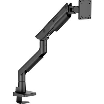 Ergonomischer schwarzer Monitorarm mit verstellbarer Höhe und Neigung, zur Befestigung an einem Schreibtisch, geeignet zur Optimierung des Arbeitsplatzes und der Ergonomie.
