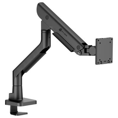 Ein verstellbarer schwarzer Monitorarm mit Klemmfuß, geeignet zur Befestigung an einem Schreibtisch, konzipiert zum Tragen und Anheben eines Computerbildschirms.