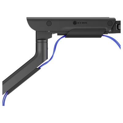 Ein Monitorarm mit Kabelverwaltungssystem, ausgestattet mit elegantem schwarzem Design und ordentlich arrangierten blauen Kabeln.