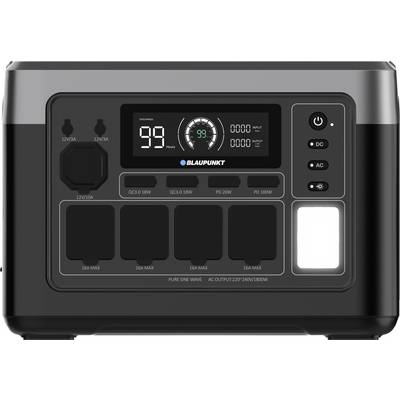 Frontansicht einer tragbaren Blaupunkt-Stromstation mit digitalem Display, mehreren AC/DC-Steckdosen, USB-Anschlüssen und einem integrierten Licht.
